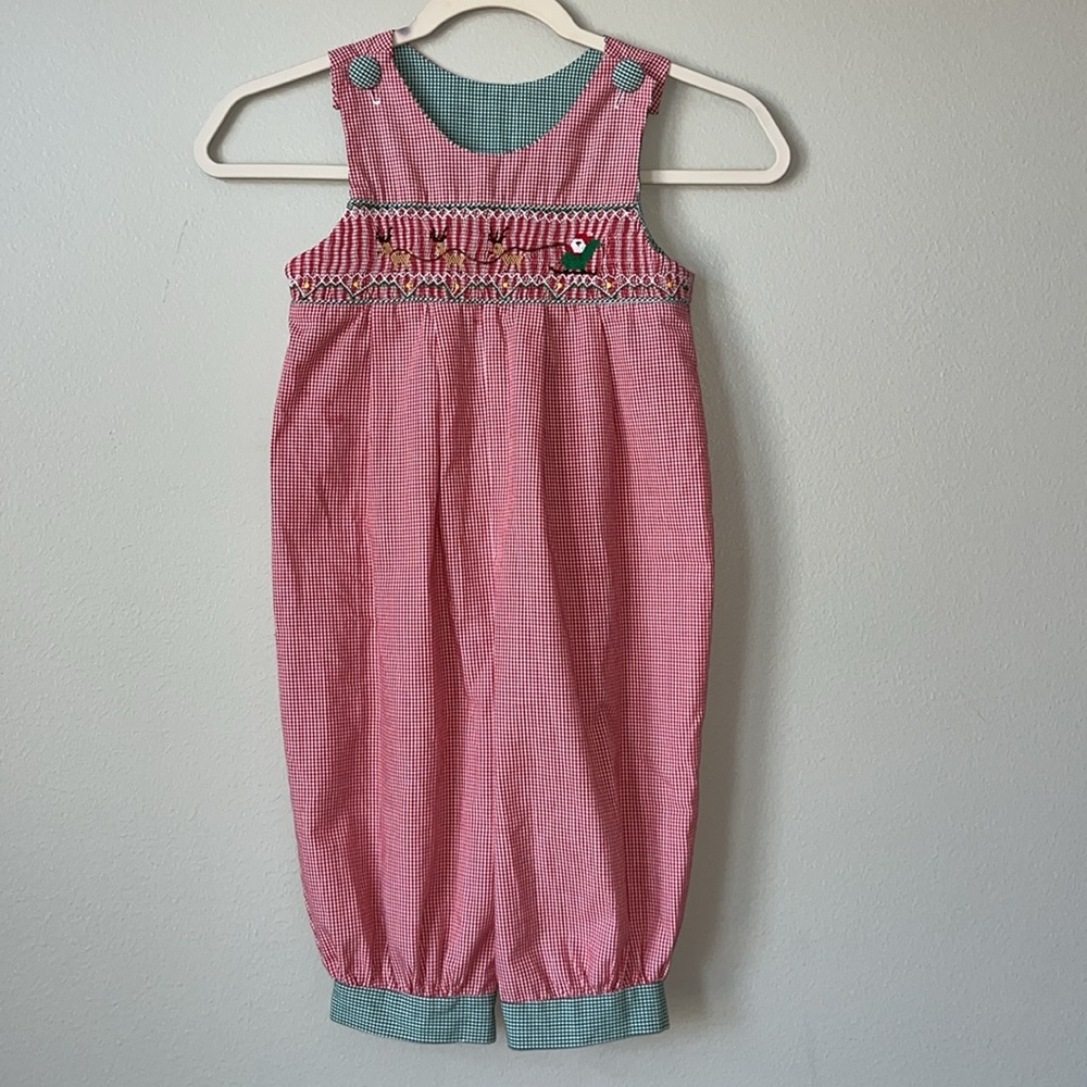 VTG Wish Upon A Star Gingham Plaid Romper / Santa & Reindeer /‎ SZ 3